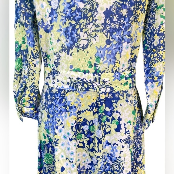 Talbots Cotton Tie Waist Button-Down Split Neck Yellow/Blue Floral Dress Size 4 - Picture 7 of 16